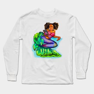 Mermaid Afro Mermaid - Coco the Magical rainbow mermaid and phone - brown eyes, Afro hair in two puffs and caramel brown skin - light background Long Sleeve T-Shirt